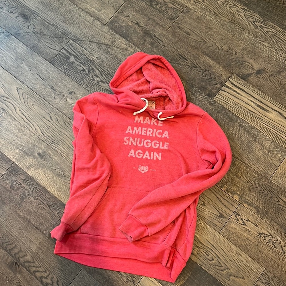 Late Sunday Afternoon soft red hoodie that says “make America snuggle again.